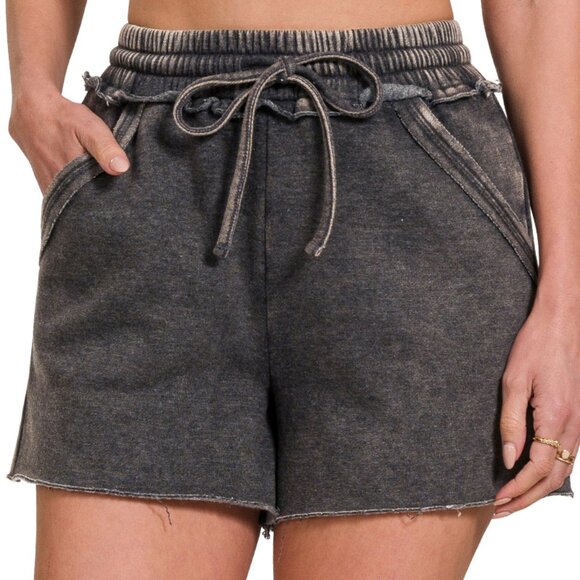 Zenana Pants - NWT Ladies Ash Black Acid Wash Fleece Drawstring Shorts with Pockets - Small